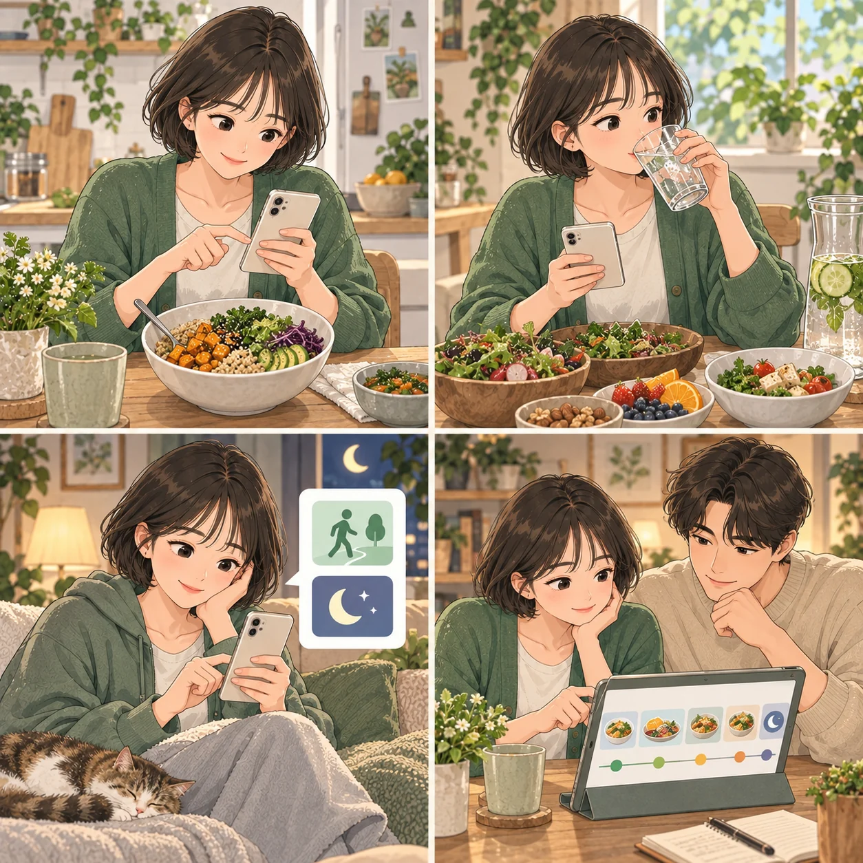 오늘의 기록으로 영양 균형 살피기 장면 1: 먹은 만큼 기록하기. 먹은 음식·양과 필요한 메모를 케어로그에 남기세요.