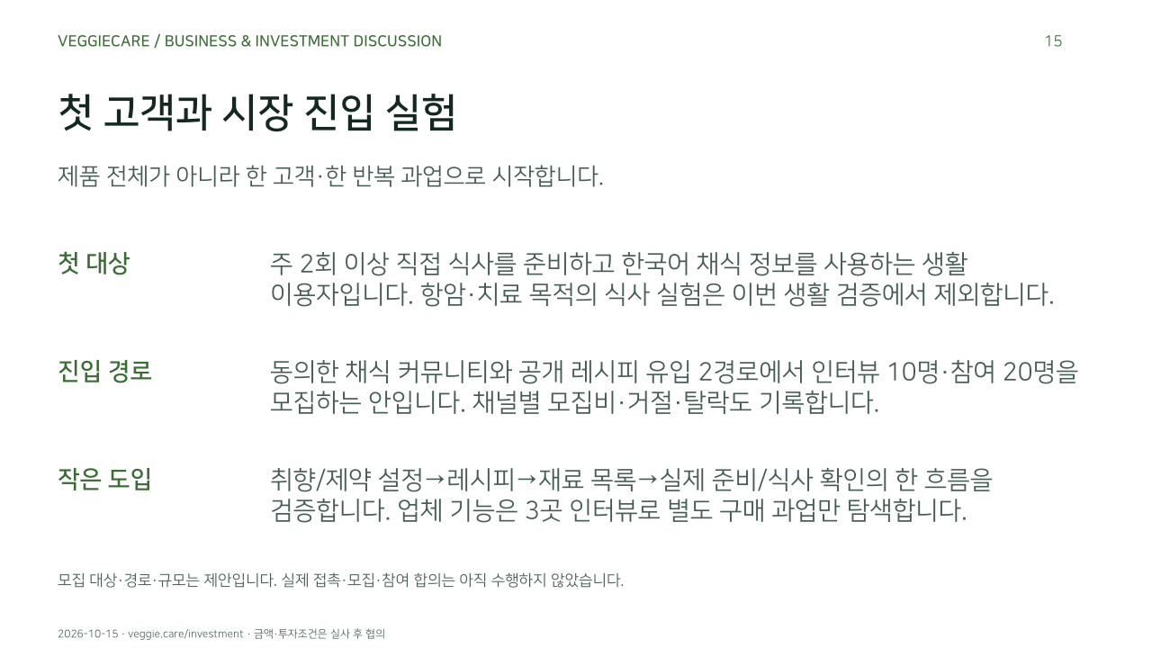 첫 고객과 시장 진입 실험. 제품 전체가 아니라 한 고객·한 반복 과업으로 시작합니다.. 첫 대상: 주 2회 이상 직접 식사를 준비하고 한국어 채식 정보를 사용하는 생활 이용자입니다. 항암·치료 목적의 식사 실험은 이번 생활 검증에서 제외합니다.. 진입 경로: 동의한 채식 커뮤니티와 공개 레시피 유입 2경로에서 인터뷰 10명·참여 20명을 모집하는 안입니다. 채널별 모집비·거절·탈락도 기록합니다.. 작은 도입: 취향/제약 설정→레시피→재료 목록→실제 준비/식사 확인의 한 흐름을 검증합니다. 업체 기능은 3곳 인터뷰로 별도 구매 과업만 탐색합니다.. 모집 대상·경로·규모는 제안입니다. 실제 접촉·모집·참여 합의는 아직 수행하지 않았습니다.