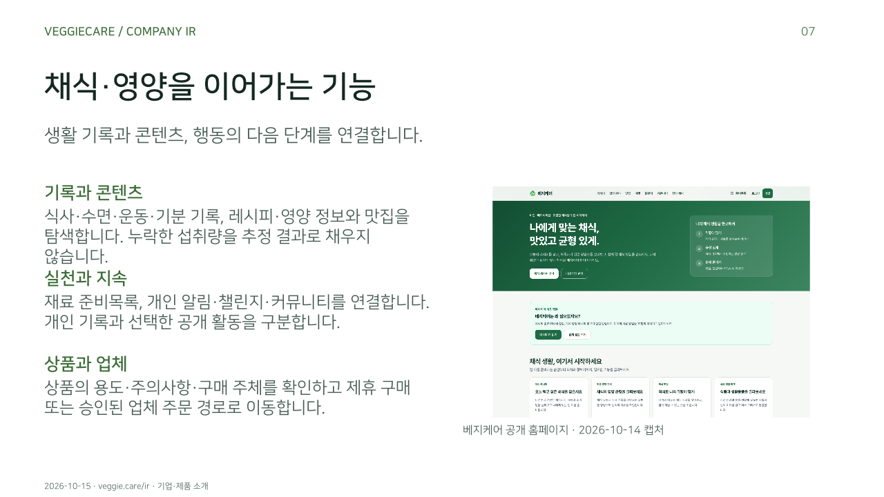 채식·영양을 이어가는 기능. 생활 기록과 콘텐츠, 행동의 다음 단계를 연결합니다.. 기록과 콘텐츠: 식사·수면·운동·기분 기록, 레시피·영양 정보와 맛집을 탐색합니다. 누락한 섭취량을 추정 결과로 채우지 않습니다.. 실천과 지속: 재료 준비목록, 개인 알림·챌린지·커뮤니티를 연결합니다. 개인 기록과 선택한 공개 활동을 구분합니다.. 상품과 업체: 상품의 용도·주의사항·구매 주체를 확인하고 제휴 구매 또는 승인된 업체 주문 경로로 이동합니다.. 